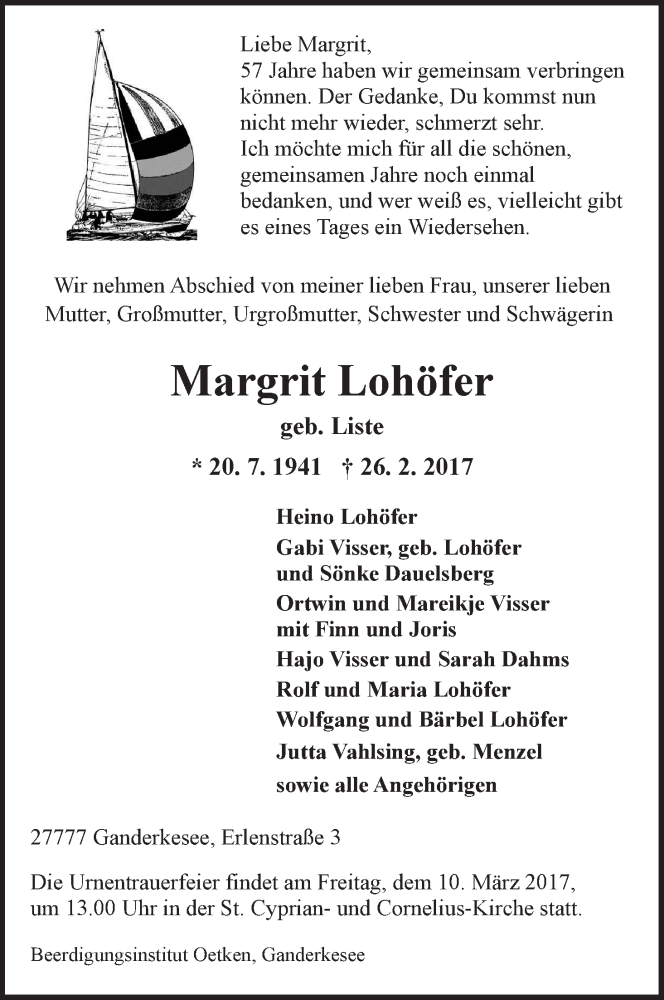 Traueranzeige von Margrit Lohöfer von WESER-KURIER