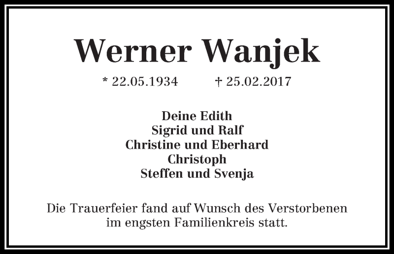 Traueranzeige von Werner Wanjek von WESER-KURIER