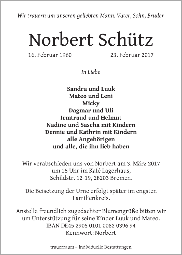  Traueranzeige für Norbert Schütz vom 01.03.2017 aus WESER-KURIER