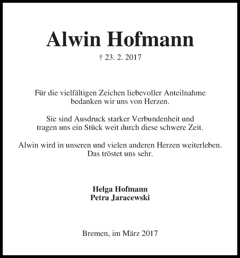 Traueranzeige von Alwine Hofmann von WESER-KURIER
