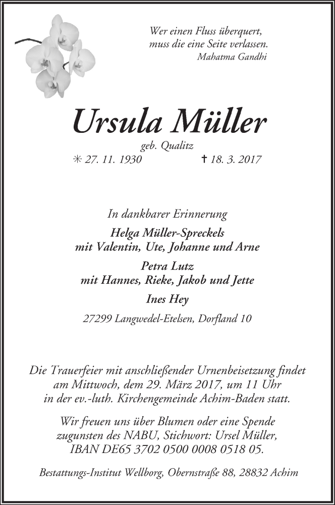 Traueranzeige von Ursula Müller von WESER-KURIER