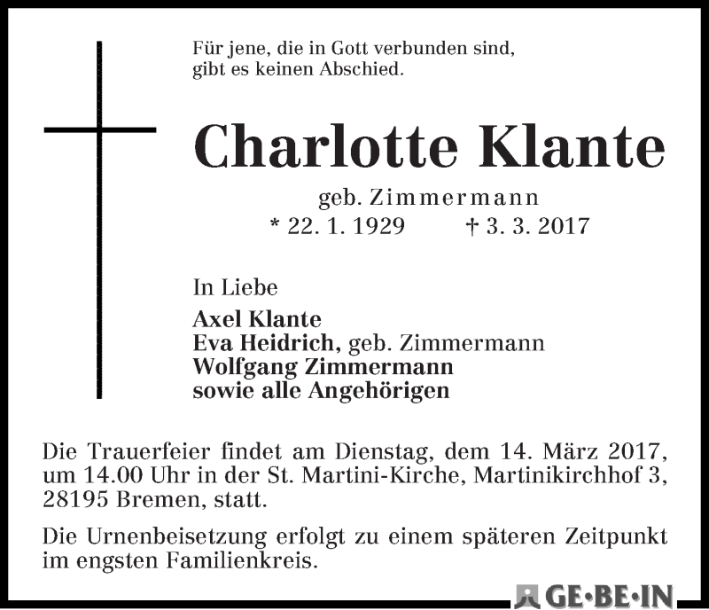 Traueranzeige von Charlotte Klante von WESER-KURIER