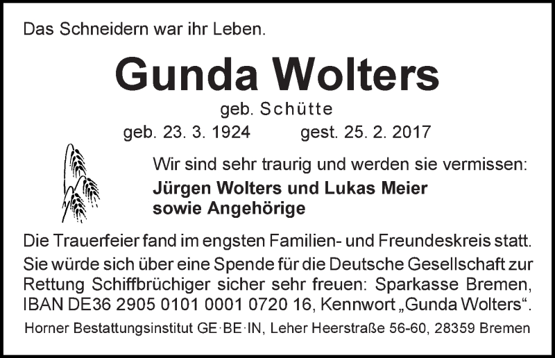 Traueranzeige von Gunda Wolters von WESER-KURIER