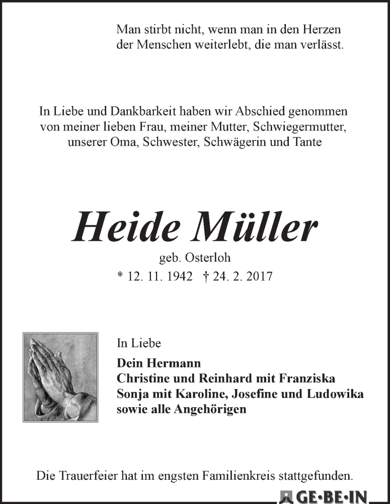 Traueranzeige von Heide Müller von WESER-KURIER