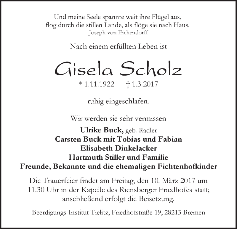 Traueranzeige von Gisela Scholz von WESER-KURIER