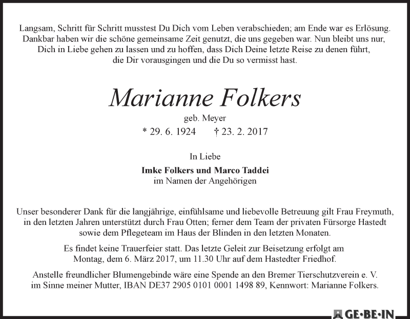 Traueranzeige von Marianne Folkers von WESER-KURIER