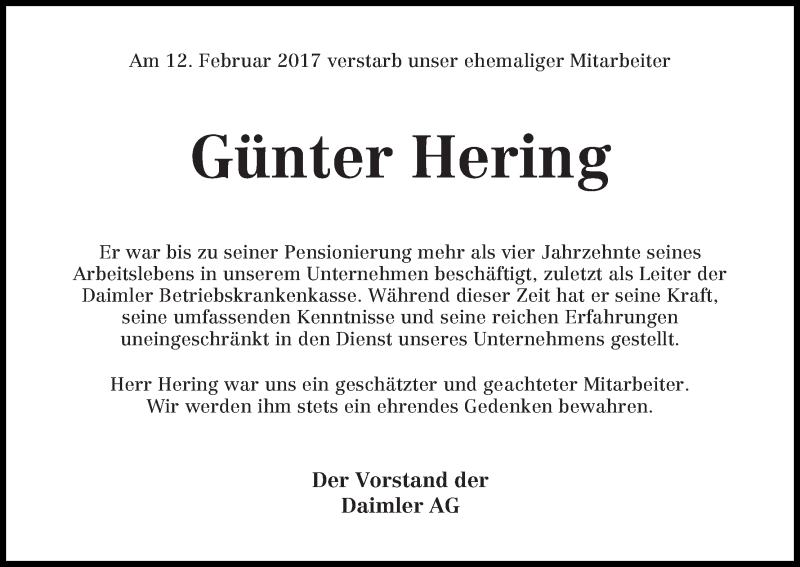 Traueranzeige von Günter Hering von WESER-KURIER