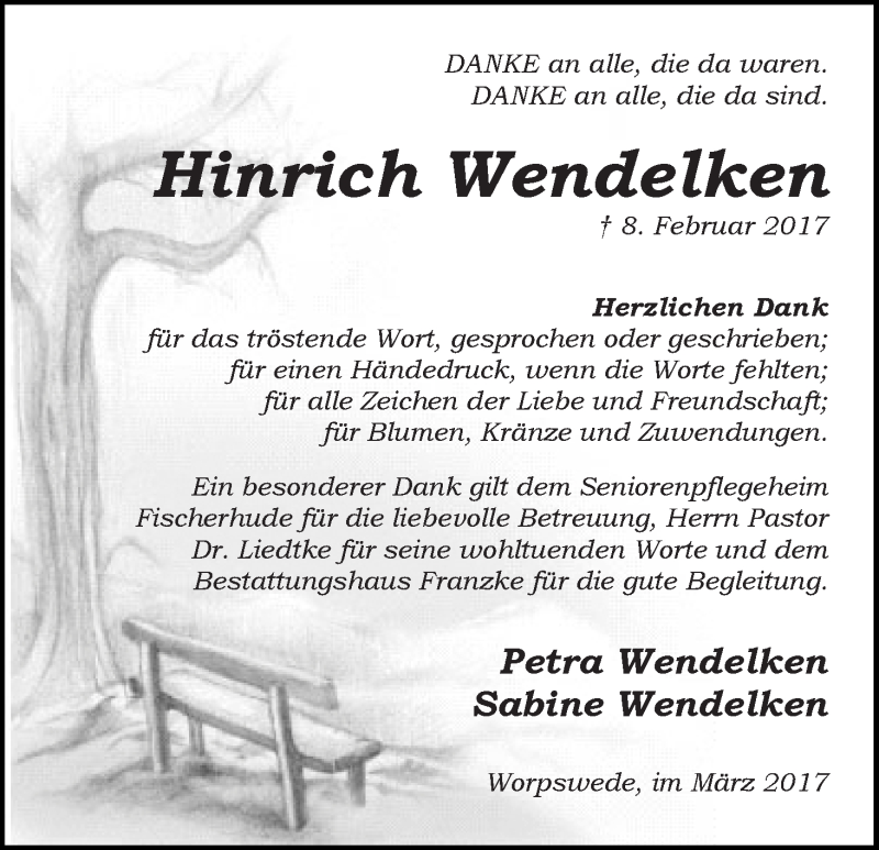 Traueranzeige von Hinirch Wendelken von Wuemme Zeitung