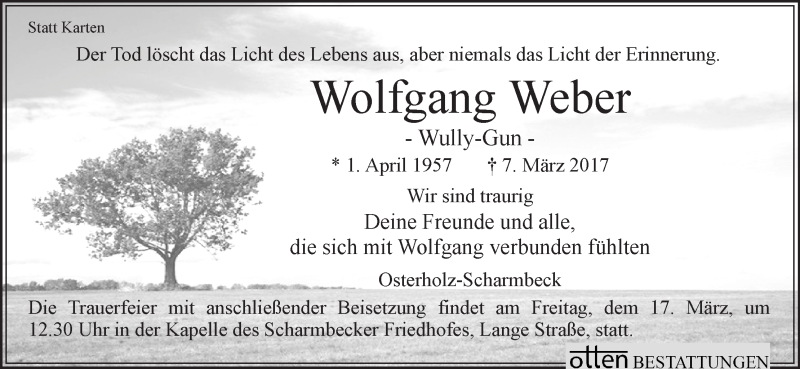 Traueranzeige von Wolfgang Weber von Osterholzer Kreisblatt