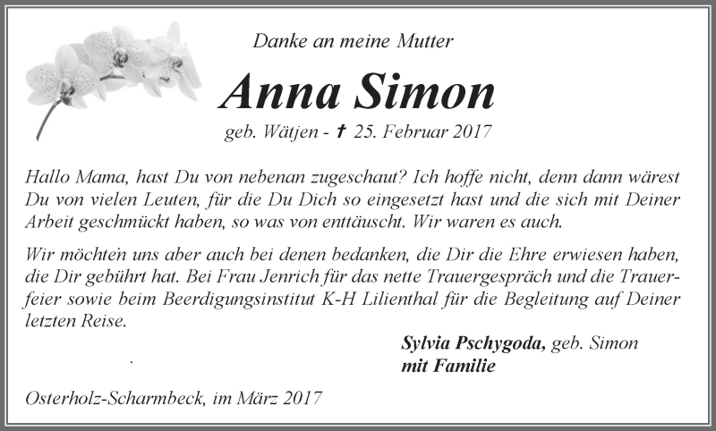 Traueranzeige von Anna Simon von Osterholzer Kreisblatt
