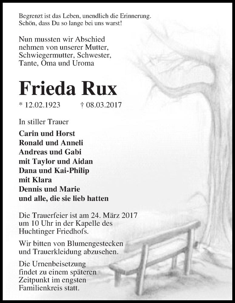 Traueranzeige von Frieda Rux von WESER-KURIER