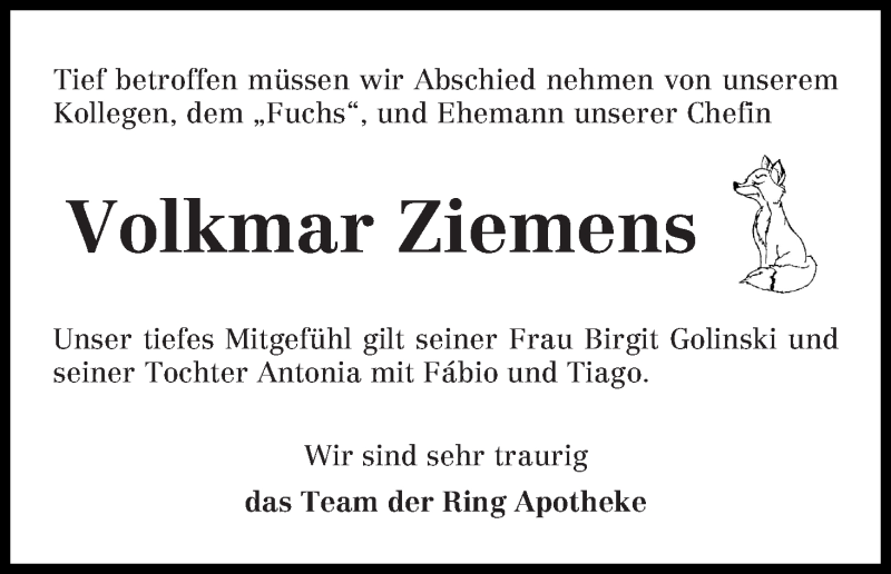 Traueranzeige von Volkmar Ziemens von WESER-KURIER