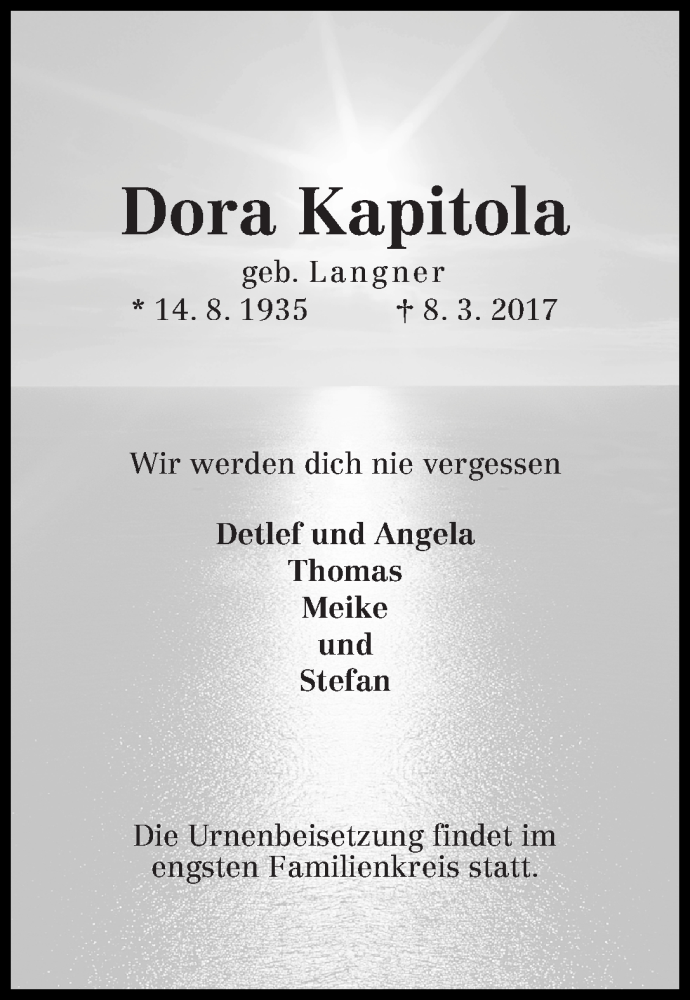 Traueranzeige von Dora Kapitola von WESER-KURIER