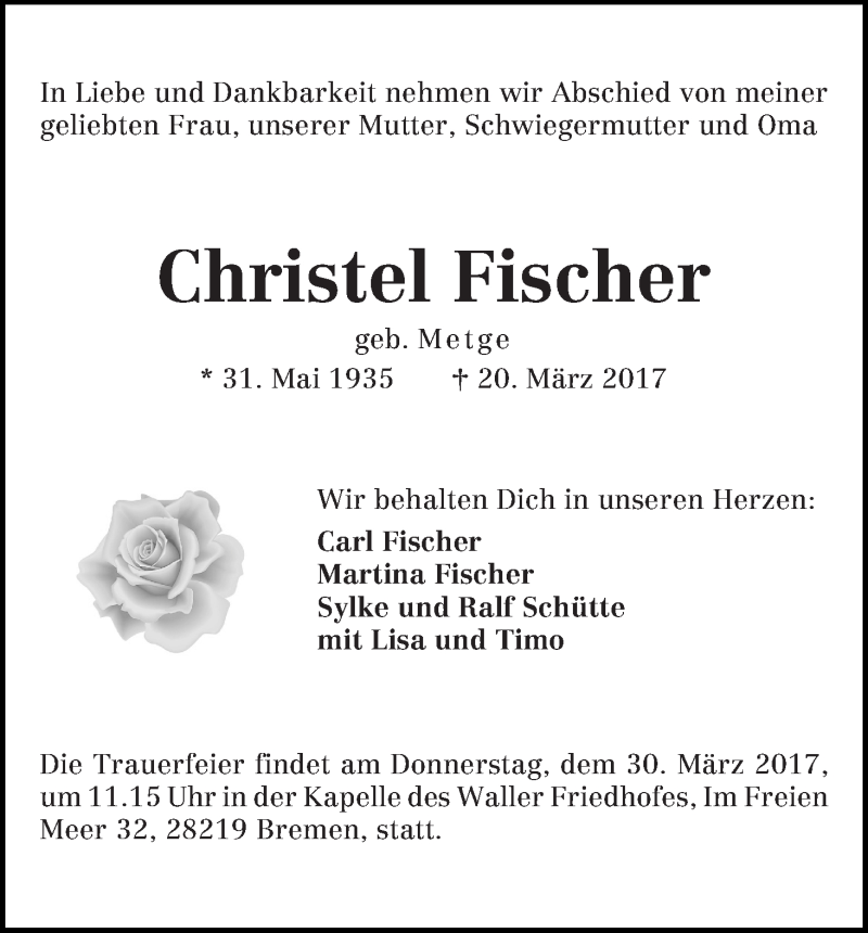 Traueranzeige von Christel Fischer von WESER-KURIER