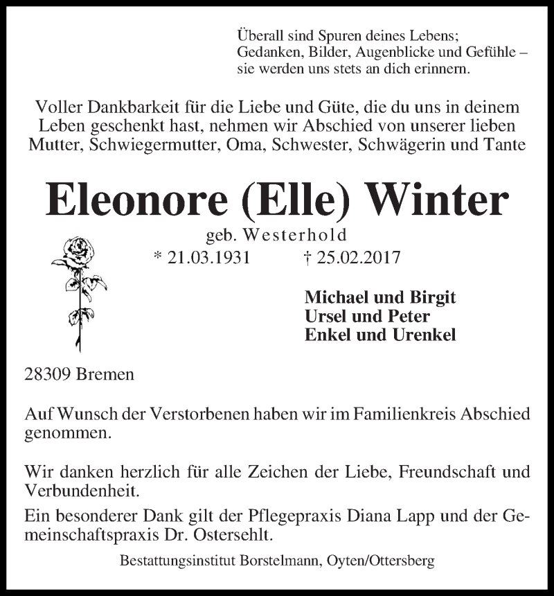 Traueranzeige von Eleonore (Elle) Winter von WESER-KURIER