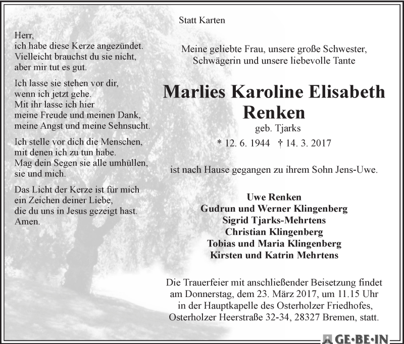 Traueranzeige von Marlies Karoline Elisabeth Renken von WESER-KURIER