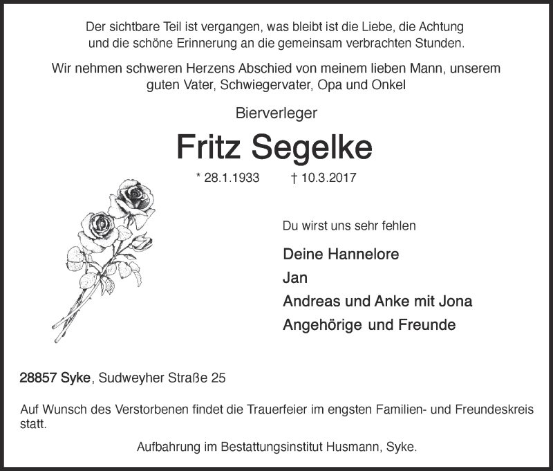 Traueranzeige von Fritz Segelke von Regionale Rundschau/Syker Kurier