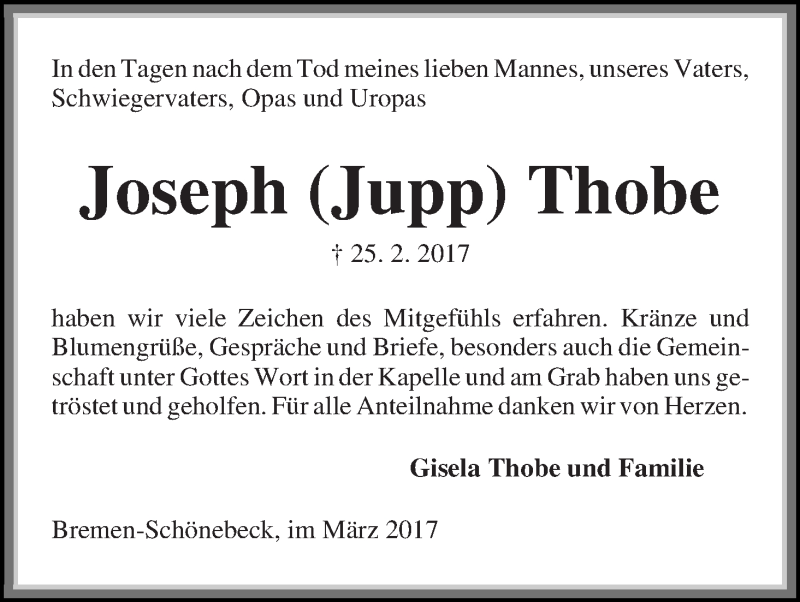 Traueranzeige von Joseph (Jupp) Thobe von Die Norddeutsche