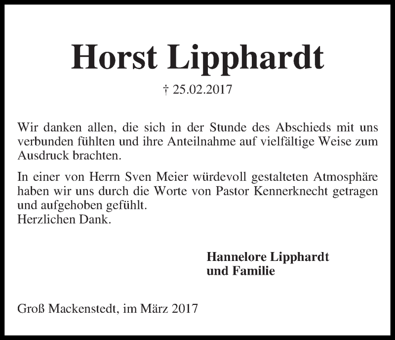 Traueranzeige von Horst Lipphardt von Regionale Rundschau/Syker Kurier