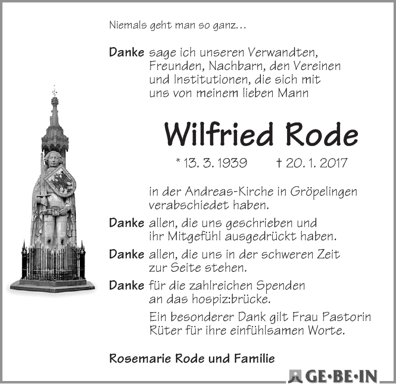  Traueranzeige für Wilfried Rode vom 13.03.2017 aus WESER-KURIER