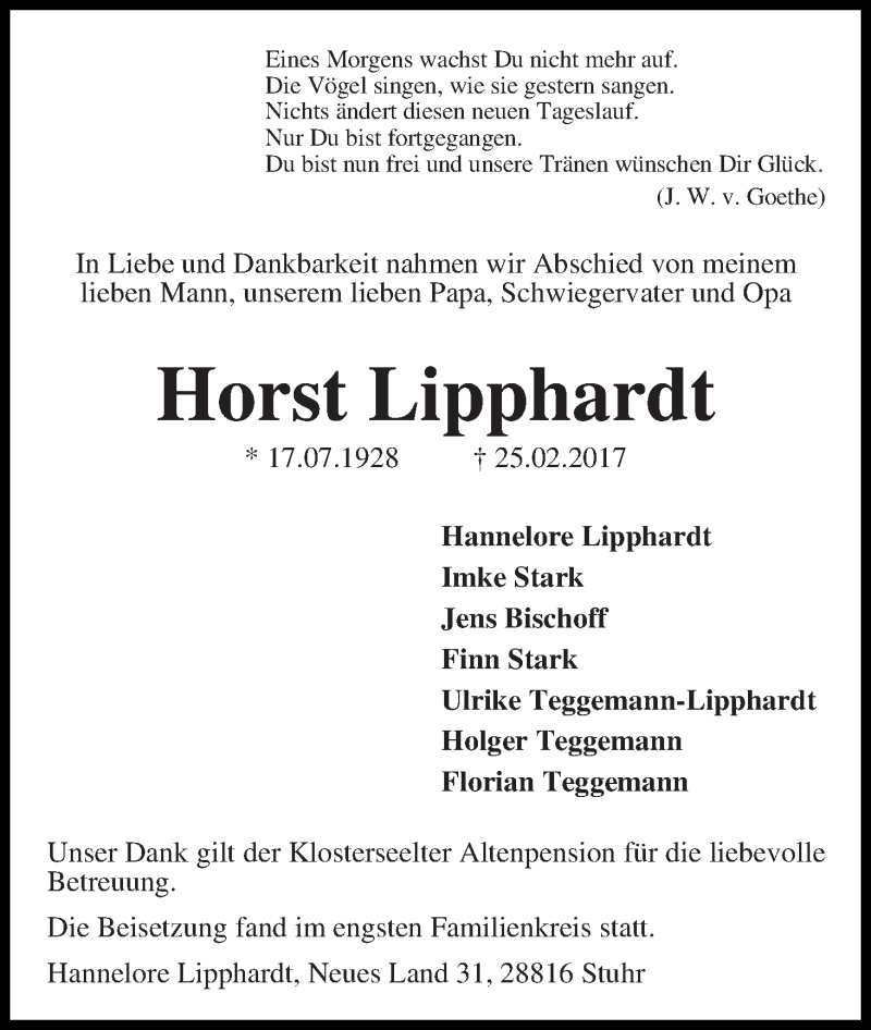 Traueranzeige von Horst Lipphardt von Regionale Rundschau/Syker Kurier