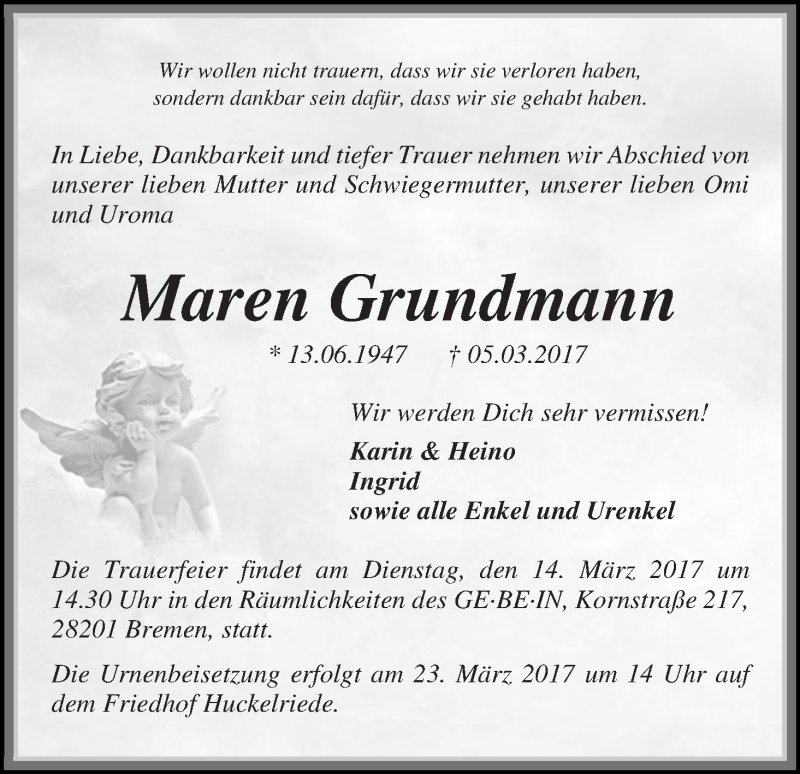  Traueranzeige für Maren Grundmann vom 11.03.2017 aus WESER-KURIER
