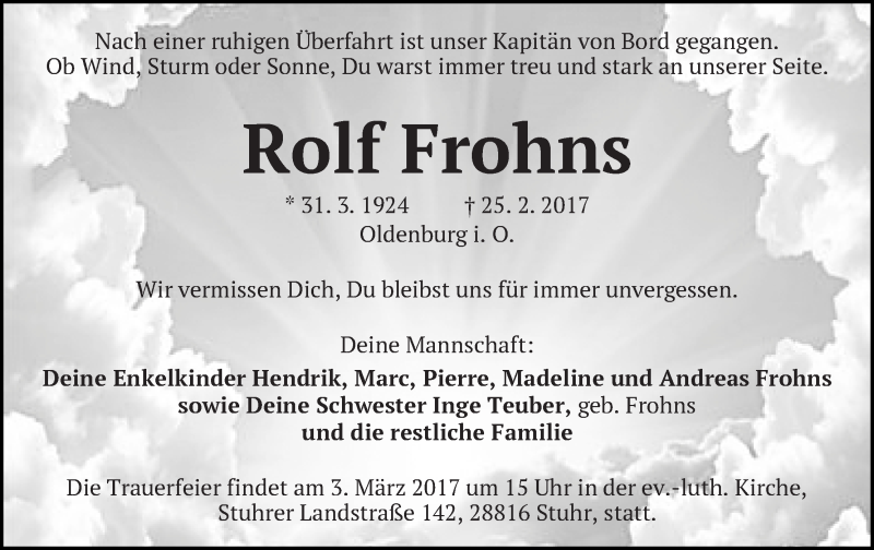 Traueranzeige von Rolf Frohns von WESER-KURIER