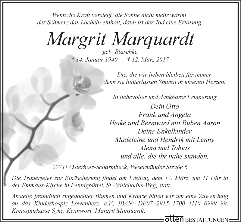 Traueranzeige von Margit Marquardt von Osterholzer Kreisblatt