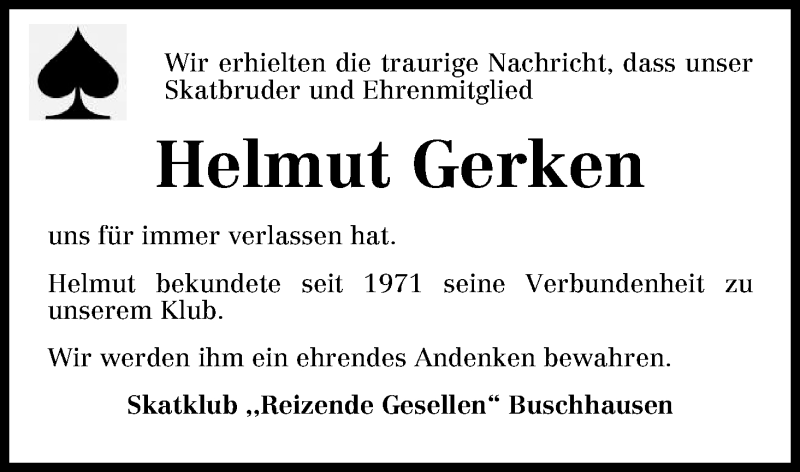 Traueranzeige von Helmut Gerken von Osterholzer Kreisblatt