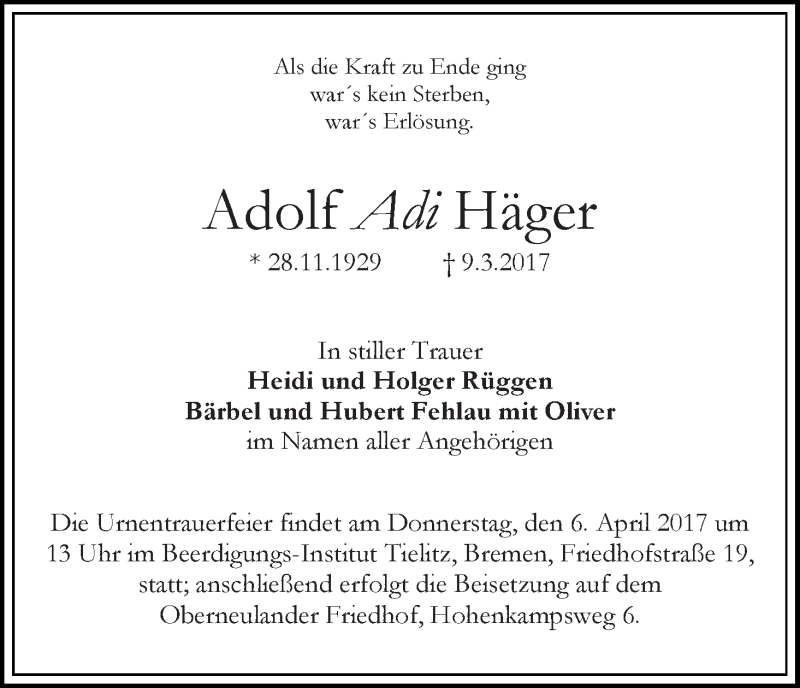 Traueranzeige von Adolf Adi Häger von WESER-KURIER
