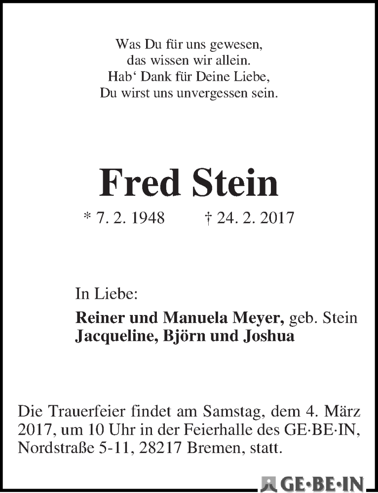 Traueranzeige von Fred Stein von WESER-KURIER