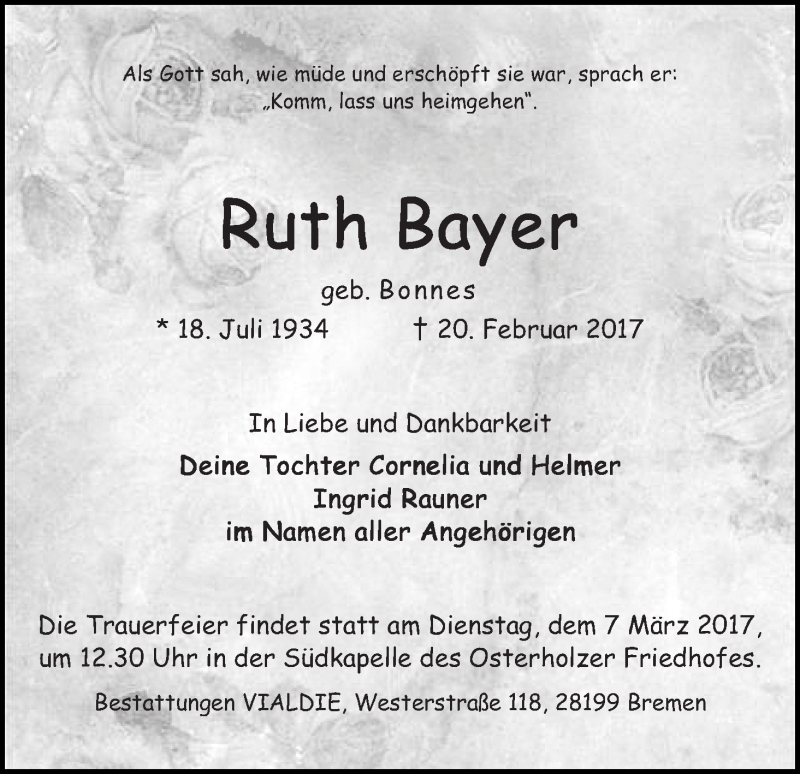  Traueranzeige für Ruth Bayer vom 04.03.2017 aus WESER-KURIER