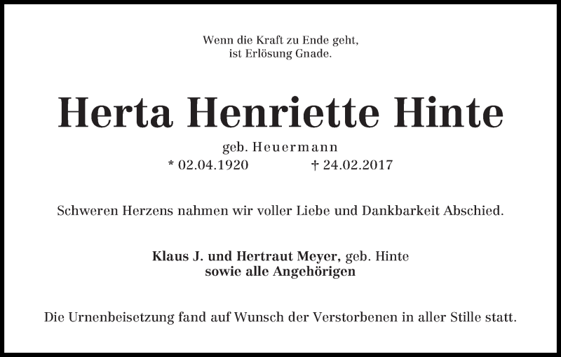 Traueranzeige von Herta Henriette Hinte von Die Norddeutsche