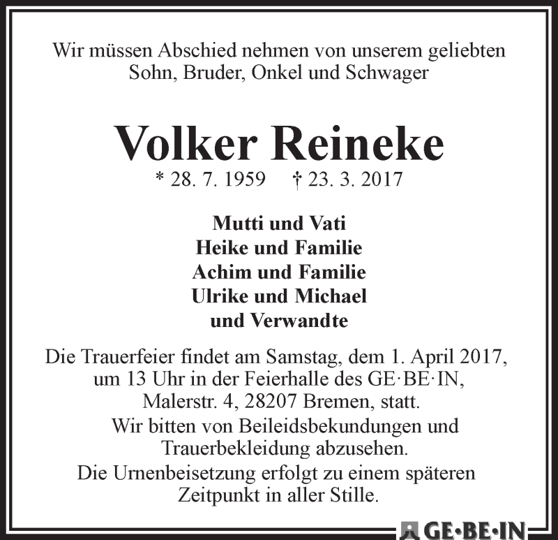 Traueranzeige von Volker Reineke von WESER-KURIER