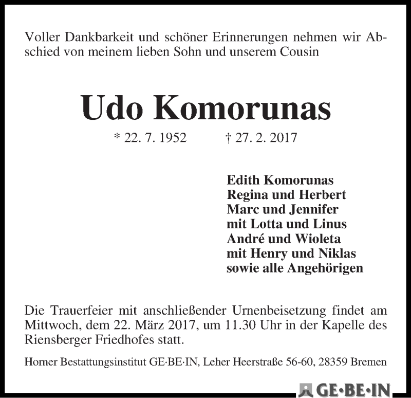 Traueranzeige von Udo Komorunas von WESER-KURIER