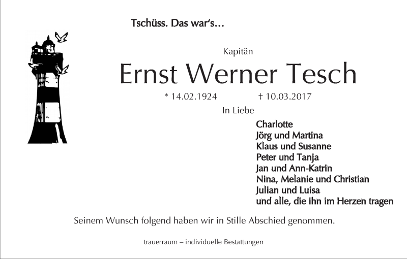 Traueranzeige von Ernst Werner Tesch von WESER-KURIER