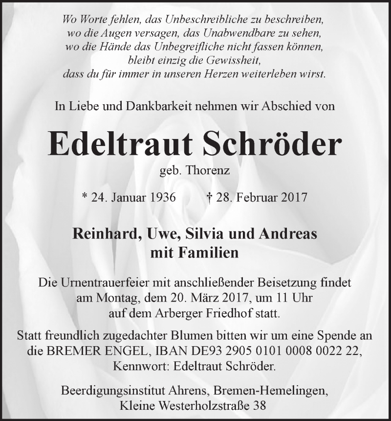 Traueranzeige von Edeltraut Schröder von WESER-KURIER
