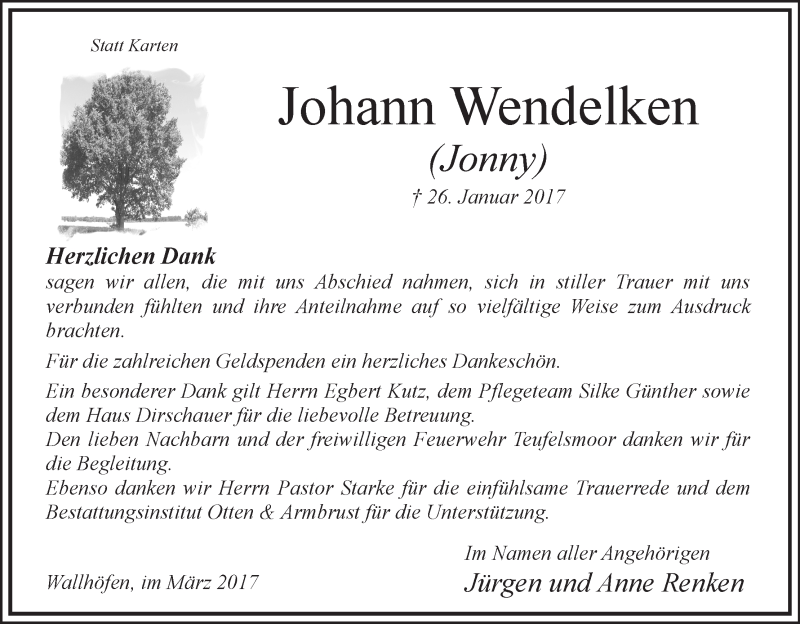 Traueranzeige von Johann (Jonny) Wendelken von Osterholzer Kreisblatt