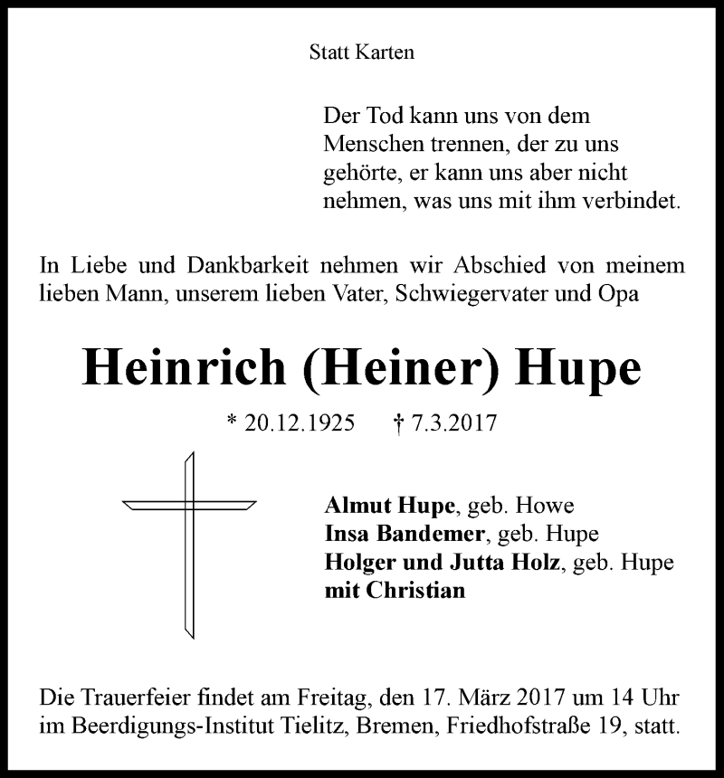 Traueranzeige von Heinrich (Heiner) Hupe von WESER-KURIER