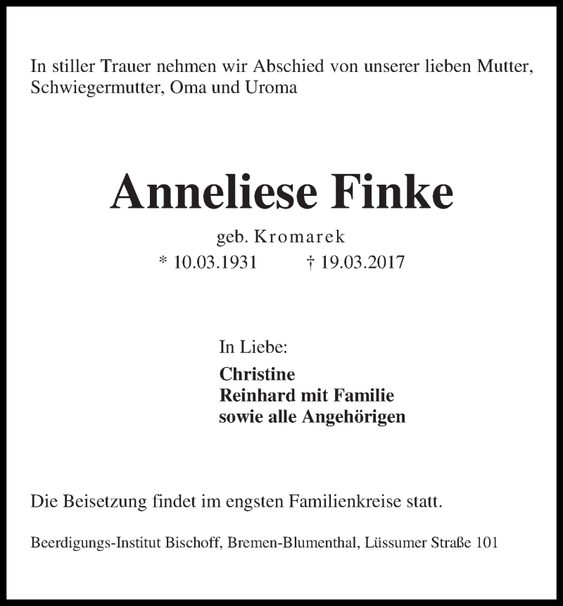 Traueranzeige von Anneliese Finke von Die Norddeutsche