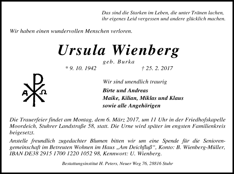 Traueranzeige von Ursula Wienberg von WESER-KURIER