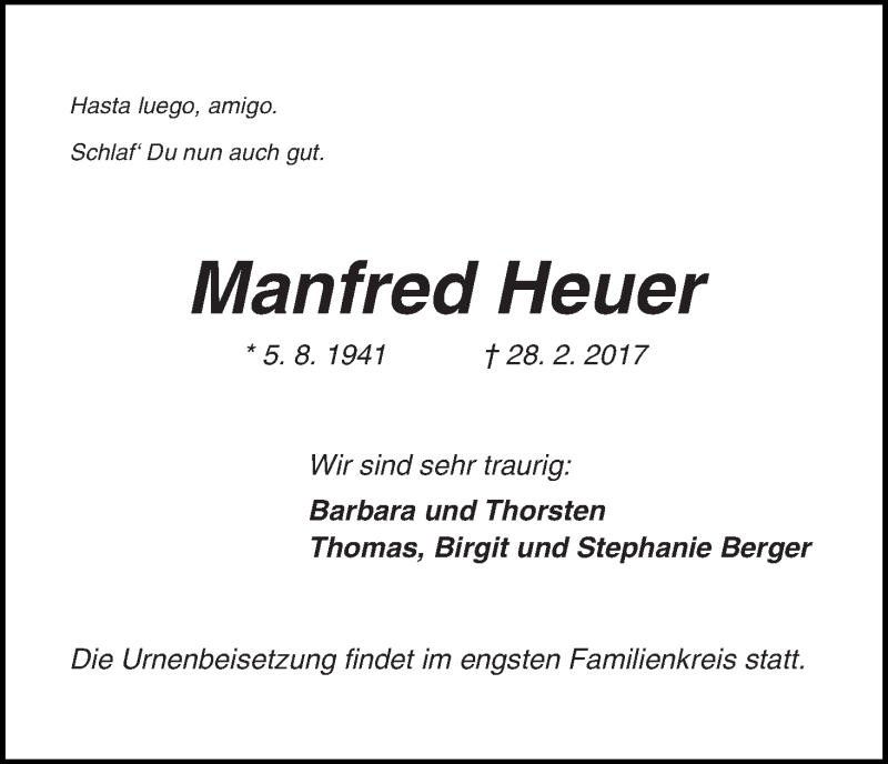 Traueranzeige von Manfred Heuer von WESER-KURIER