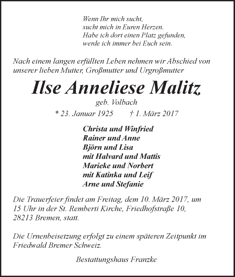 Traueranzeige von Ilse Annliese Malitz von WESER-KURIER