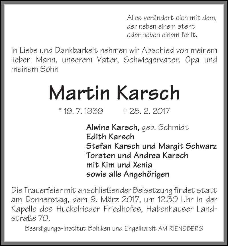 Traueranzeige von Martin Karsch von WESER-KURIER