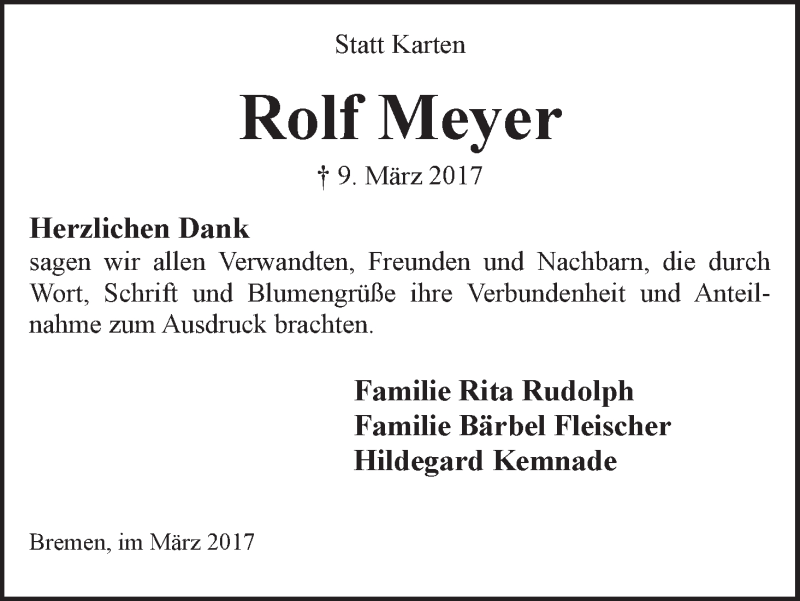 Traueranzeige von Rolf Meyer von WESER-KURIER