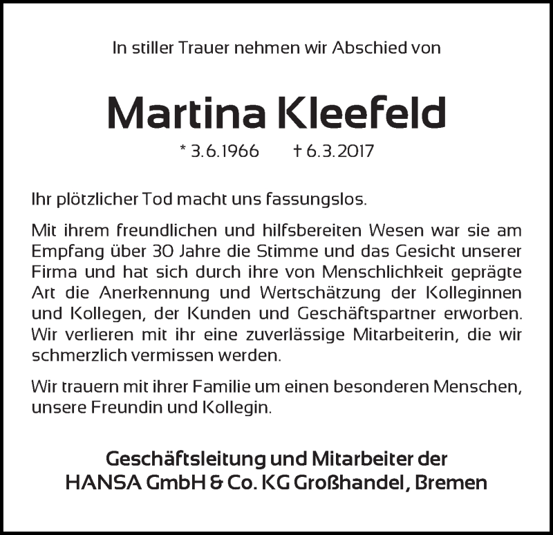  Traueranzeige für Martina Kleefeld vom 11.03.2017 aus WESER-KURIER