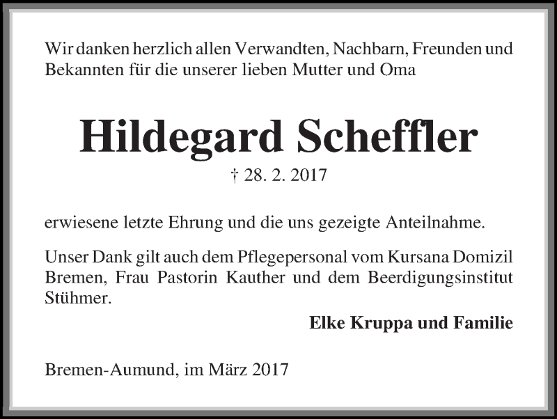 Traueranzeige von Hildegard Scheffler von Die Norddeutsche