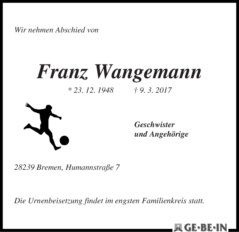 Traueranzeige von Franz Wangemann von WESER-KURIER