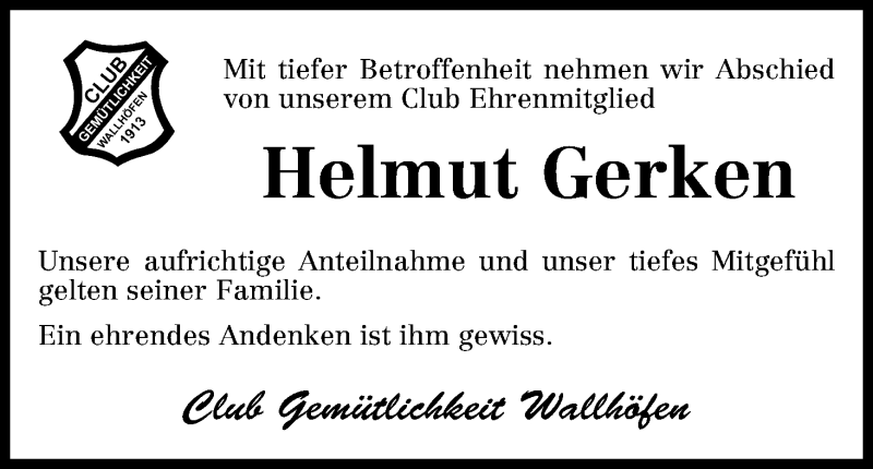 Traueranzeige von Helmut Gerken von Osterholzer Kreisblatt