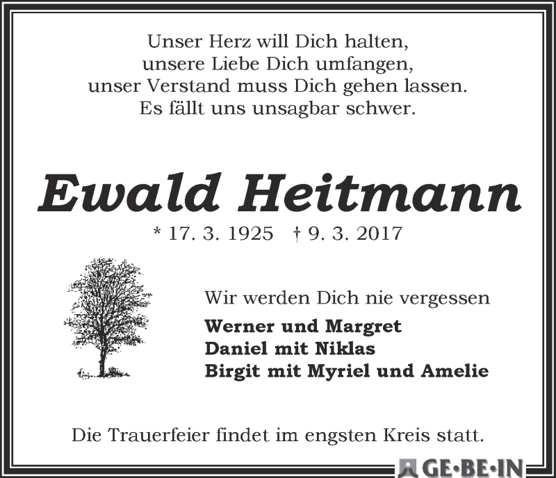 Traueranzeige von Ewald Heitmann von WESER-KURIER